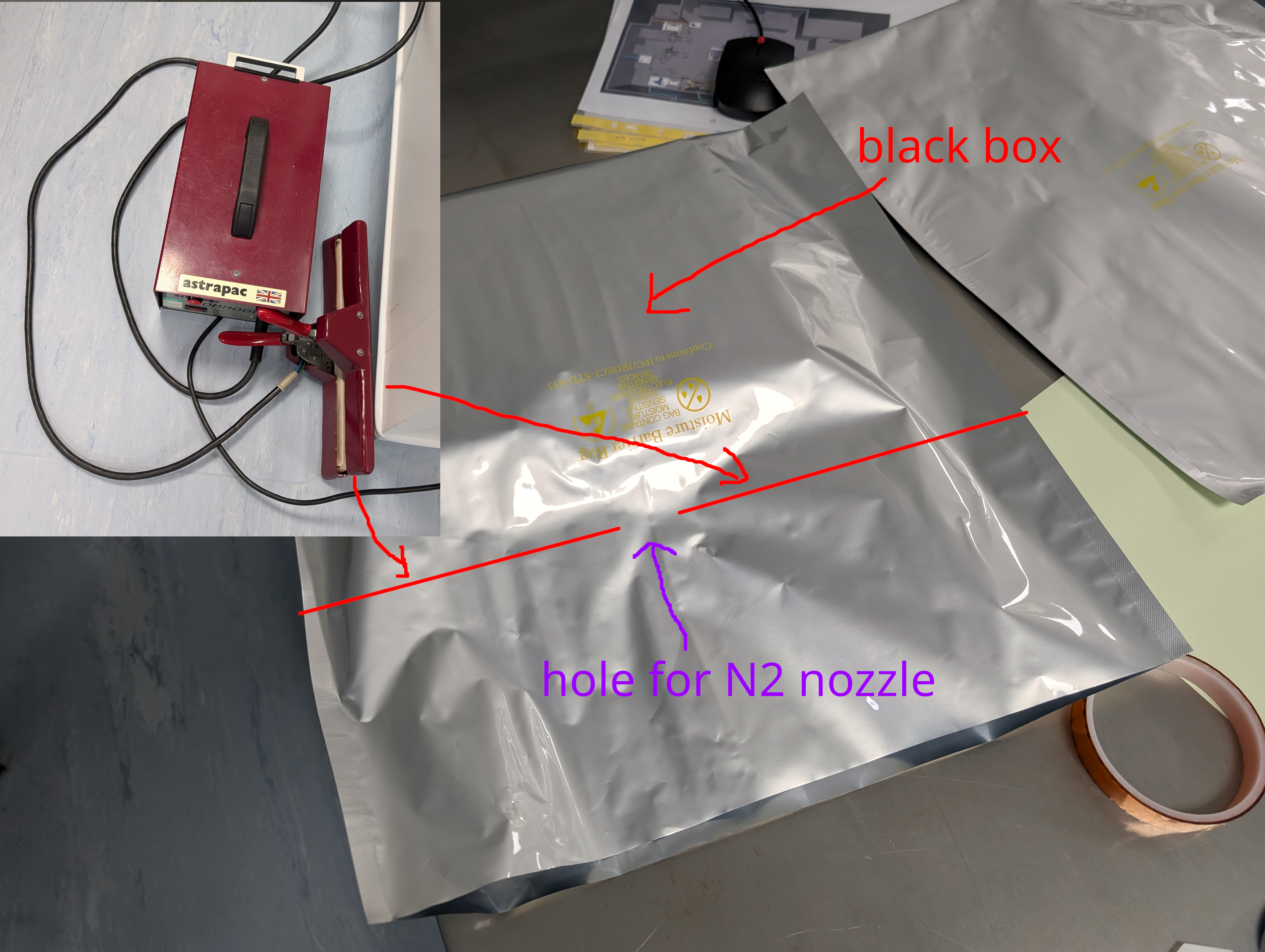 First heat seal of the anti-static bag.